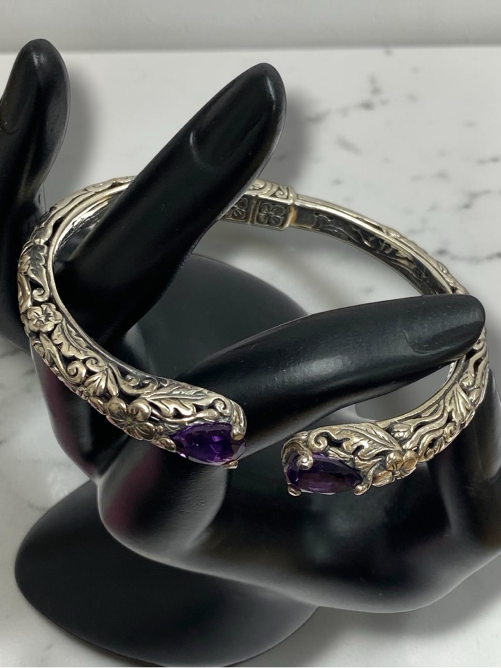 Estate Embossed Sterling Silver 925 Amethyst Cuff Hinged Bangle Bracelet! - Picture 7 of 16